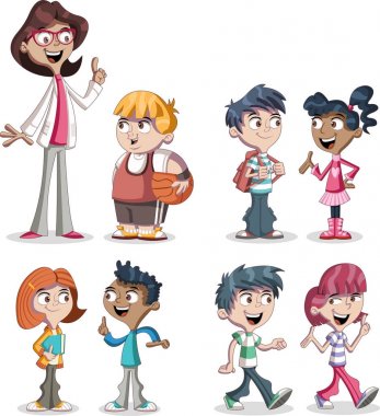 Cute cartoon children and teacher. Teenager students.