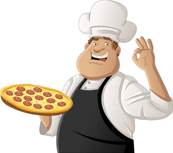 Chef Dibujos Animados Gordo Sosteniendo Pizza — Vector de stock
