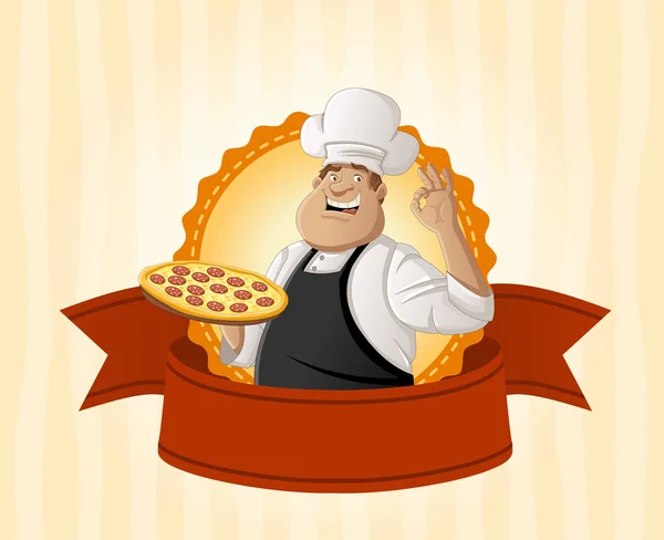 Banner Del Restaurante Con Chef Dibujos Animados Grasa Celebración Pizza — Vector de stock