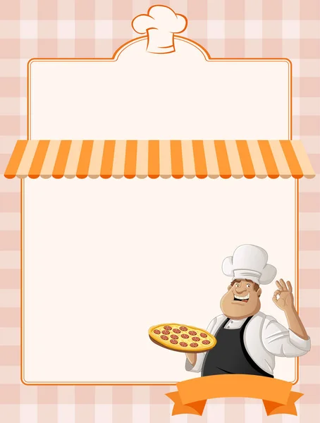 Restaurant Banner Fat Cartoon Chef Holding Pizza — Stock Vector