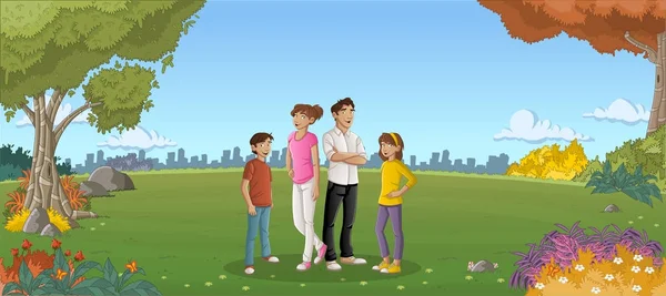 Famille Dessin Animé Dans Parc Verdoyant Avec Herbe Arbres Paysage — Image vectorielle