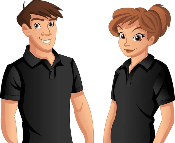 Couple of cartoon young people wearing black polo shirt