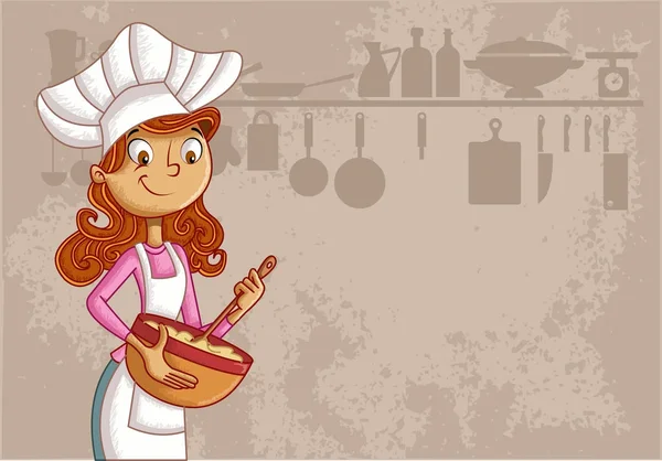 Mujer Dibujos Animados Chef Con Delantal Cocina — Vector de stock