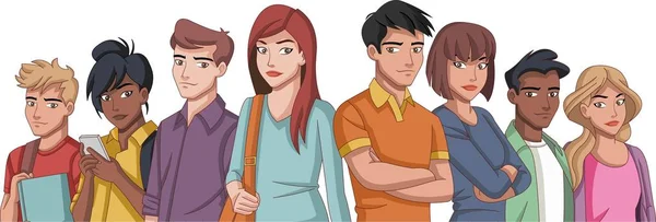 Group Cartoon Young People Teenagers — Stock Vector