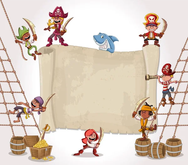 Gran Mapa Pirata Dibujos Animados Niños Piratas — Vector de stock