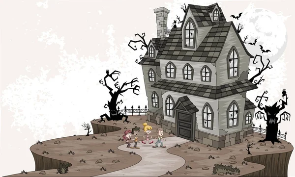 Scared Cartoon Kids Front Haunted House Halloween Background — Stock Vector
