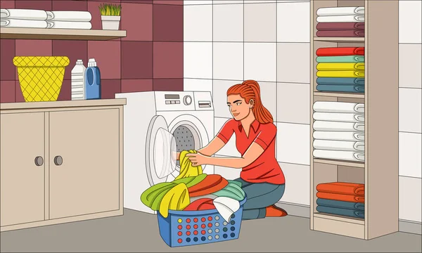 Beautiful Young Woman Doing Laundry Home Woman Putting Laundry Washing — Stock Vector