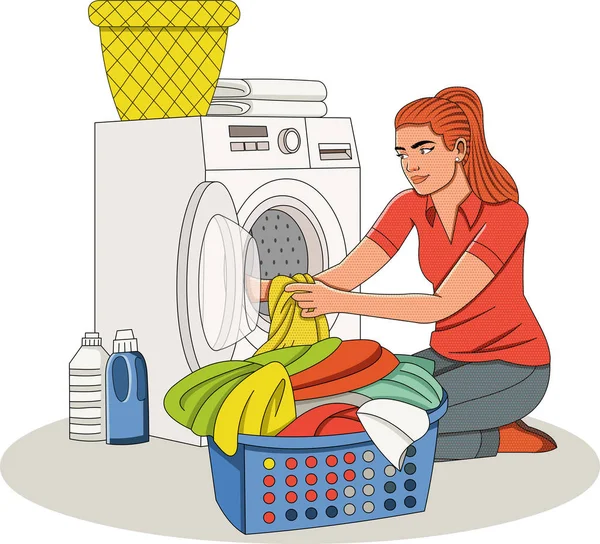 Beautiful Young Woman Doing Laundry Home Woman Putting Laundry Washing — Stock Vector