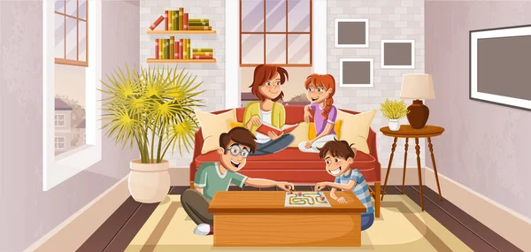 Joyeux Dessin Animé Famille Dans Salon — Image vectorielle