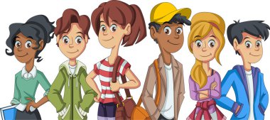 Grup çizgi film genç insan. Genç öğrenciler.