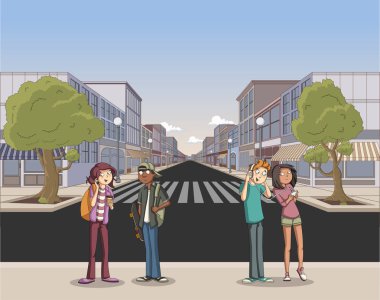 Çizgi film gençleriyle dolu bir şehrin caddesi.