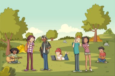 Sevimli çizgi gençler ile yeşil park peyzaj.