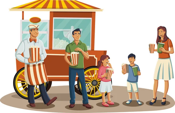 Happy Cartoon Family Eating Popcorn Old Fashion Popcorn Red Cart — Stock Vector