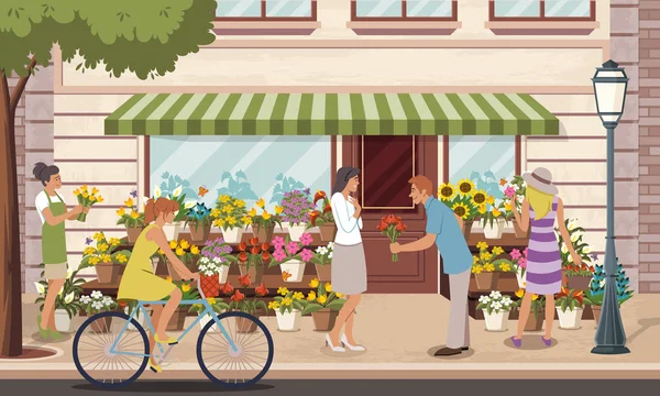 Personas Frente Una Colorida Floristería — Vector de stock