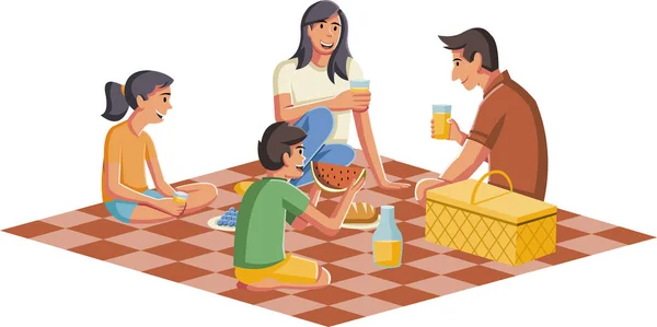 ジュースや食べ物とのピクニックを持っている漫画家族 — ストックベクタ