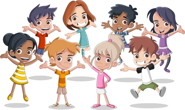Grupo Niños Dibujos Animados Felices Saltando — Archivo Imágenes Vectoriales