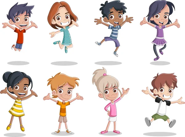 Grupp Lycklig Tecknad Barn Hoppning — Stock vektor