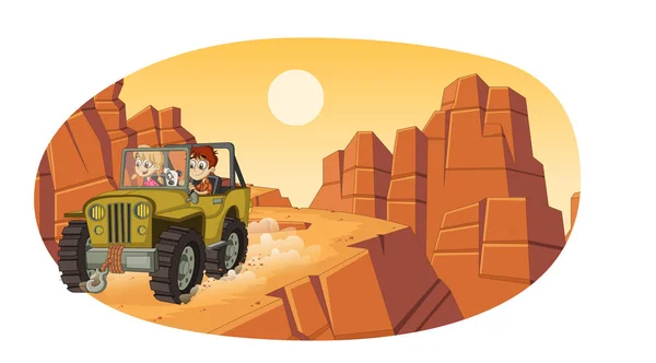 Des Enfants Dessins Animés Conduisant Une Voiture Sur Les Canyons — Image vectorielle