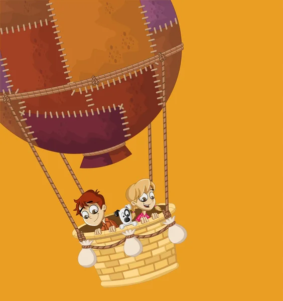 Cartoon Kinderen Vliegen Een Luchtballon — Stockvector