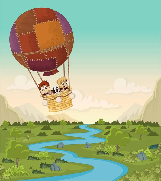 卡通儿童在一个热气球上空飞过一片绿色森林 — 图库矢量图片