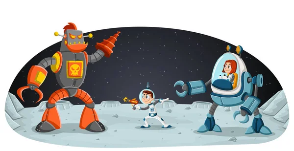 Astronaut Cartoon Children Fighting Robot Moon Space Background — Stock Vector