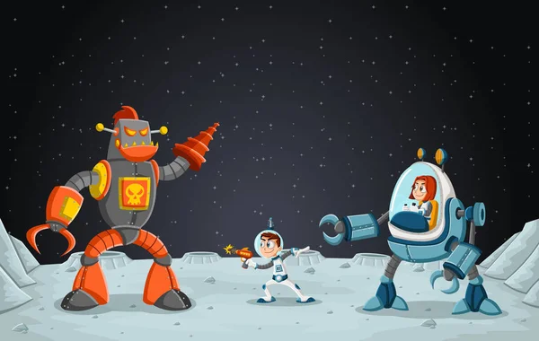 Astronauta Dibujos Animados Niños Luchando Contra Robot Luna Fondo Espacial — Vector de stock