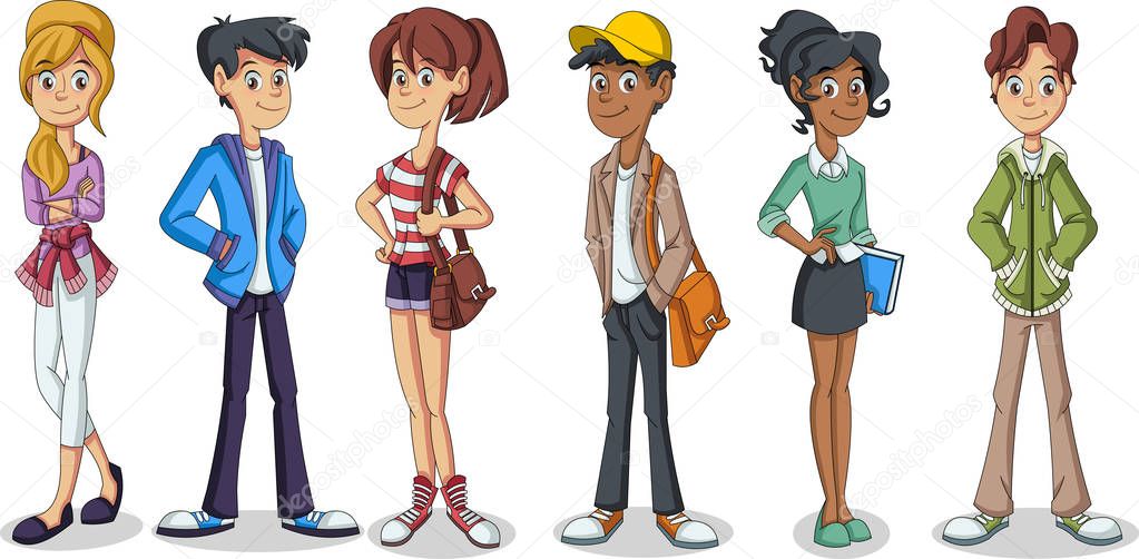 Group of cartoon young people. Teenagers students.