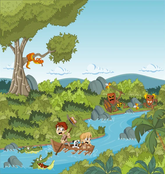 Wild Bos Met Cartoon Kinderen Een Boot Gevaarlijke Jungle Avontuur — Stockvector