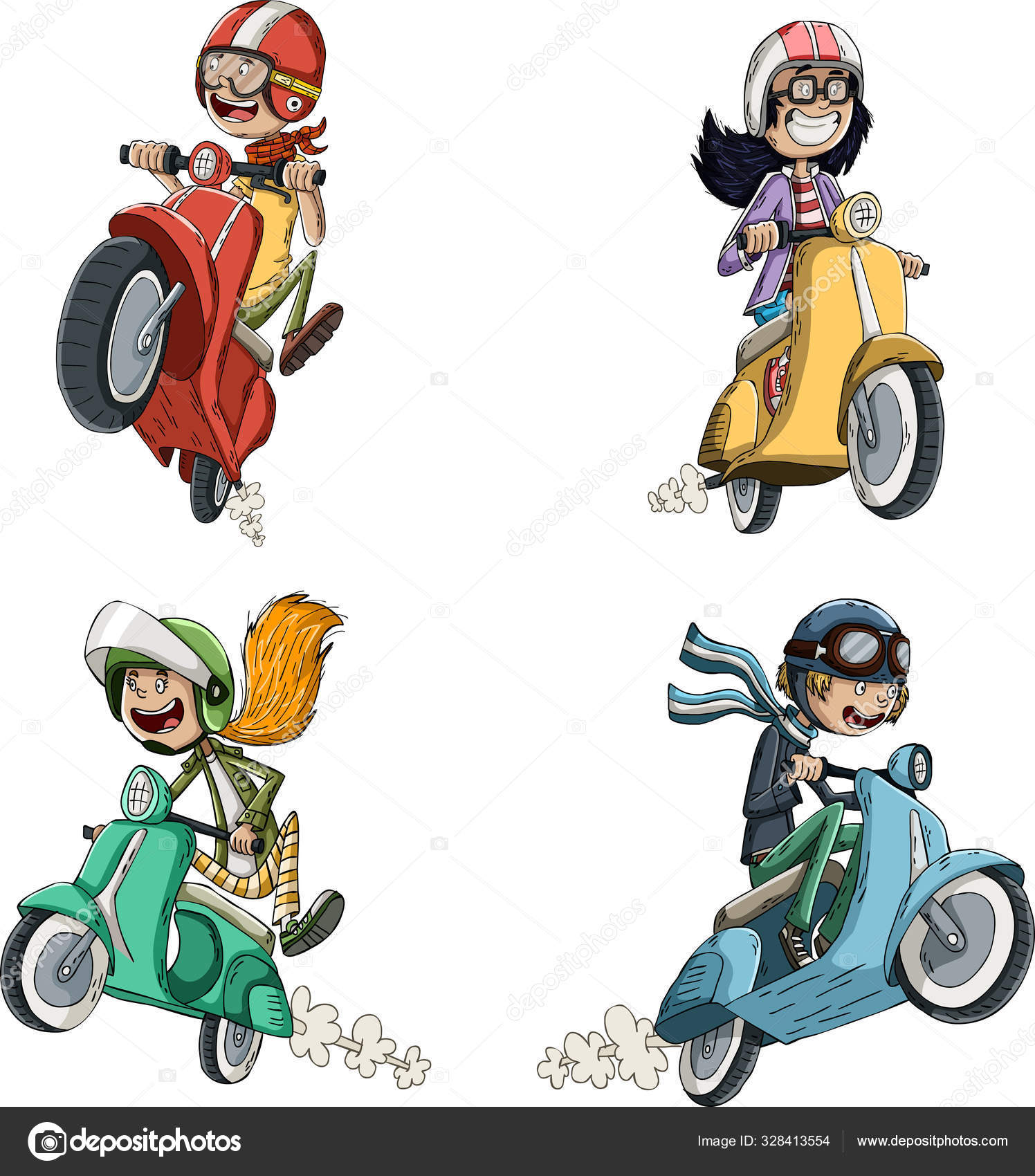 Conjunto de vetores de bicicleta, scooter e motos dos desenhos animados