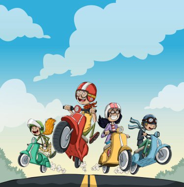 Motosiklet süren kasklı çizgi film karakterleri. İnsanlar hızlı motosiklet sürüyor..