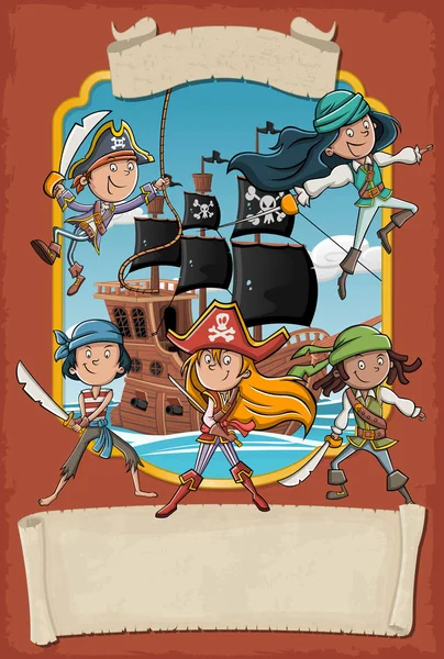 Bir Geminin Denizde Çizgi Film Korsanlarla Poster Kurdele Ile Banner — Stok Vektör