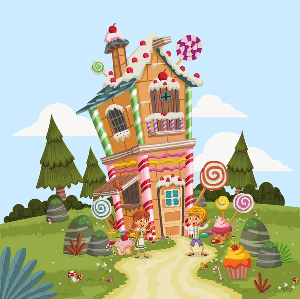 Hansel Gretel Frente Casa Dulces Cuento Hadas Clásico Para Niños — Archivo Imágenes Vectoriales