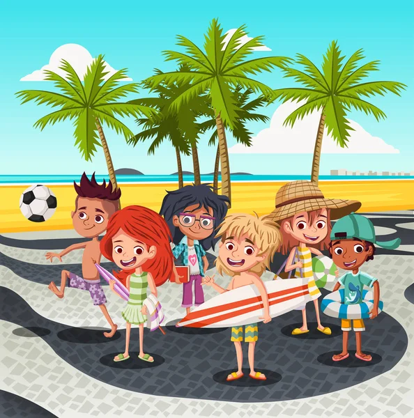 Cartoon Children Copacabana Beach Sidewalk Kids Rio Janeiro Beach Brazil — Stock Vector