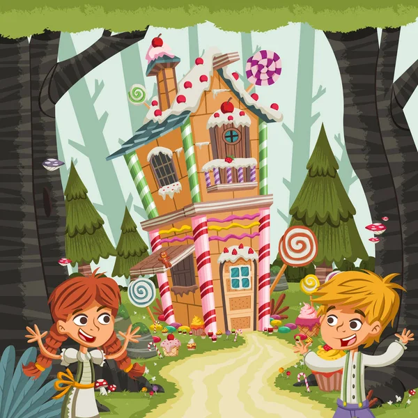 Hansel Gretel Devant Maison Bonbons Conte Fées Pour Enfants Classique — Image vectorielle