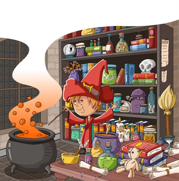 Cartoon Wizard Working Magic Potion Boiling Cauldron Sorcerer Using Magic — Stock Vector