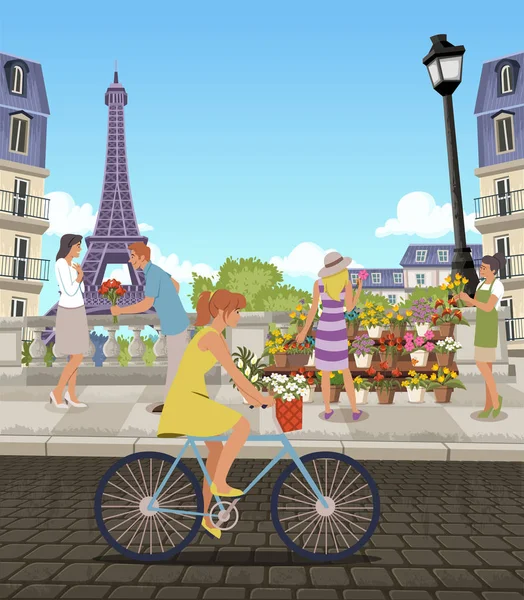 Människor Framför Färgstark Blomsteraffär Gatan Paris Med Eiffeltornet Bakgrunden — Stock vektor