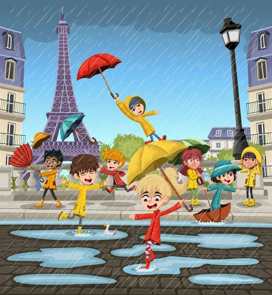 Deštivý Den Francouzskými Kreslených Dětí Hrát Ulicích Paříže Eiffelovou Věží — Stockový vektor