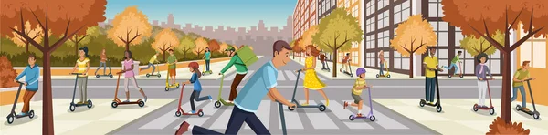 Des Gens Conduisant Des Scooters Électriques Travers Ville Les Gens — Image vectorielle