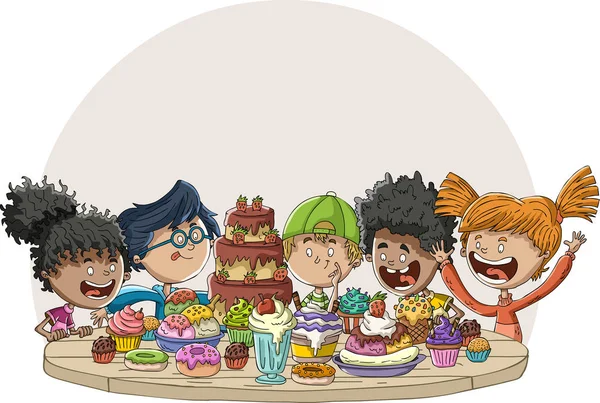 Cartoon Enfants Autour Table Avec Desserts Table Fête Anniversaire Avec — Image vectorielle