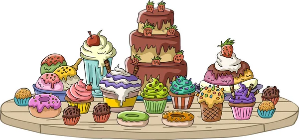 Карикатурный Стол Десертами День Рождения Стол Тортом Десертами — стоковый вектор