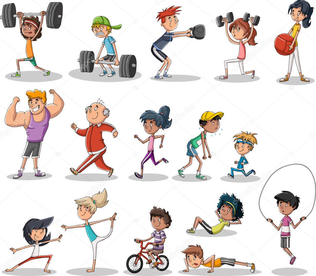 Cartoon athletes training crossfit. People working out. 