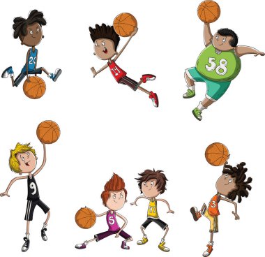 Çizgi filmdeki çocuklar basketbol oynuyor. Genç basketbolcular antrenman yapıyor..