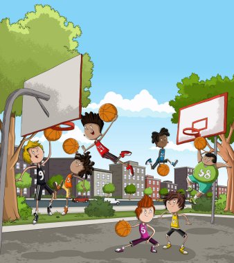 Çizgi filmdeki çocuklar sahada basketbol oynuyorlar. Sokak basketbolcuları şehir parkında antrenman yapıyor..