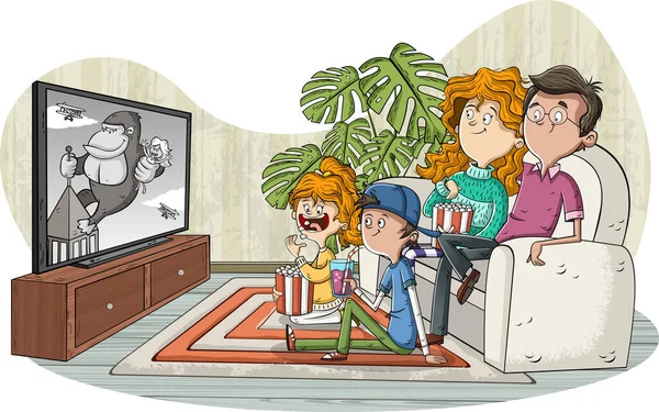 Feliz Familia Dibujos Animados Sala Estar Viendo Una Vieja Película — Vector de stock