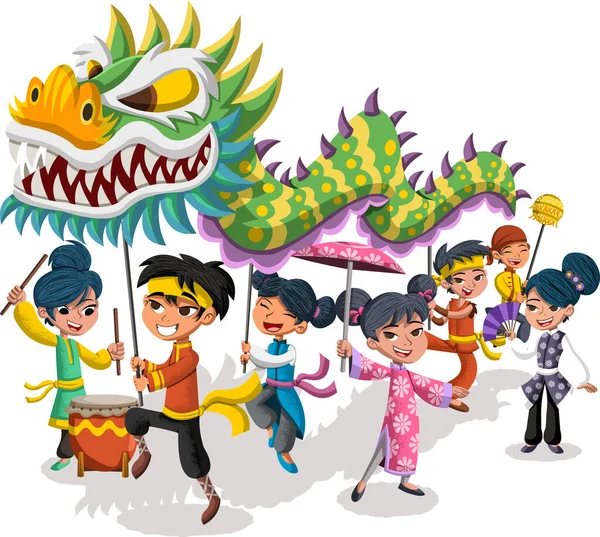 Niños Dibujos Animados Celebrando Año Nuevo Chino Con Dragón Tradicional — Vector de stock