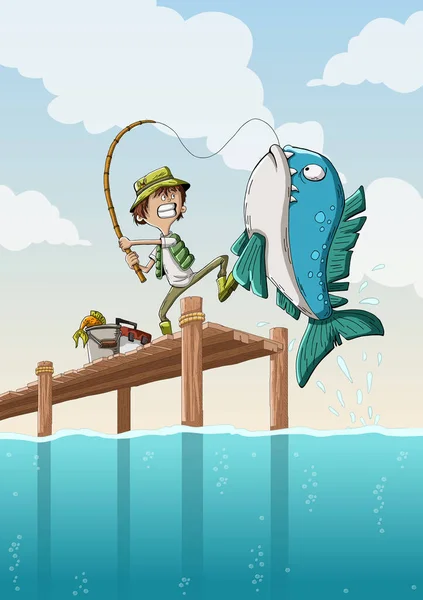 Cartoon Boy Pêche Sur Jetée Bois Enfant Attraper Gros Poissons — Image vectorielle