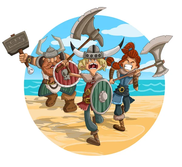 Angry Vikings Desenhos Animados Guerreiros Ataque Vikings Correndo Longo Costa —  Vetores de Stock