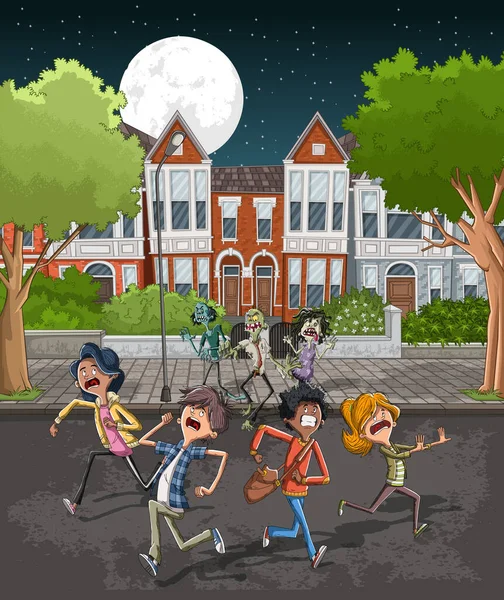 Niños Dibujos Animados Huyendo Zombies Barrio Suburbio — Vector de stock