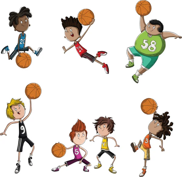 Κινούμενα Σχέδια Παιδιά Παίζουν Μπάσκετ Έφηβοι Παίκτες Μπάσκετ Προπόνηση — Διανυσματικό Αρχείο