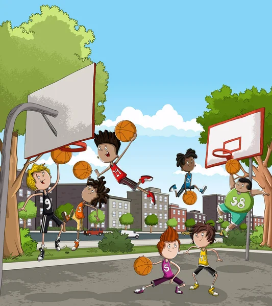 在球场上打篮球的卡通人物 街头篮球运动员在城市公园进行户外运动训练 — 图库矢量图片